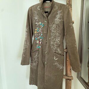VTG Johnny Was Light Brown w/ Embroidery Long Corduroy Jacket Sz S